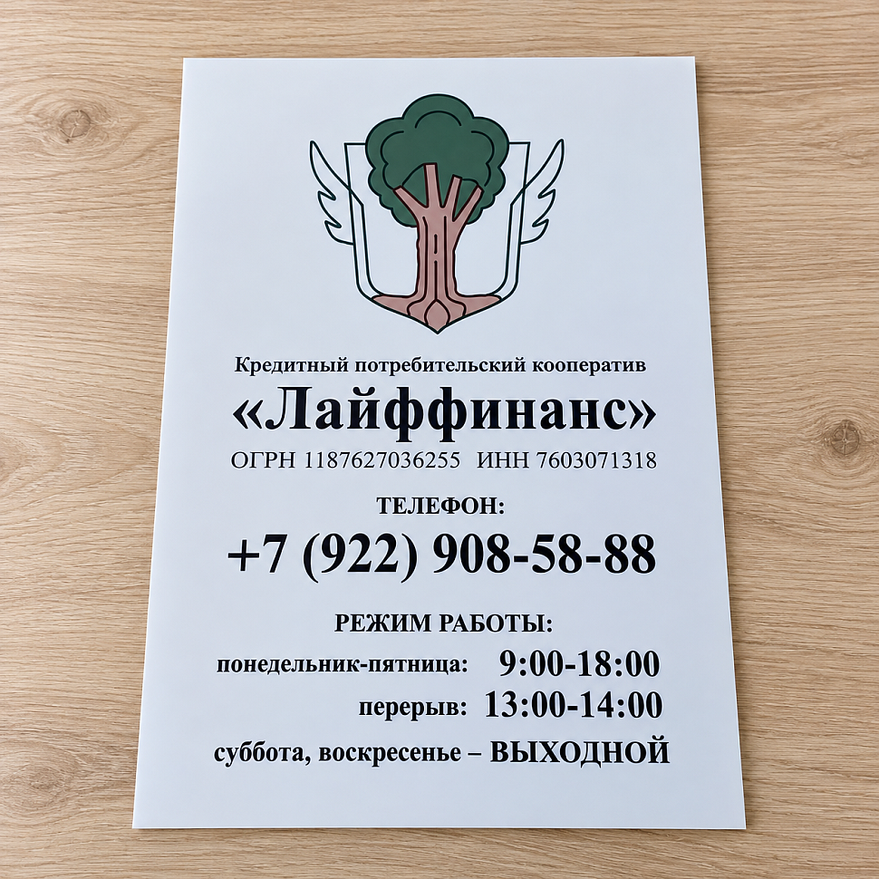 Наше портфолио - Табличка из ПВХ для кредитного потребительского кооператива «Лайффинанс»