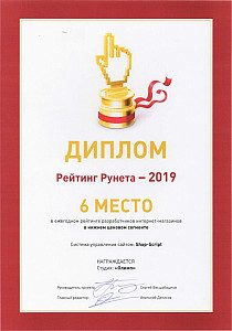 Диплом Рейтинг Рунета 2019, 6 место в рейтинге разработчиков интернет-магазинов.jpg