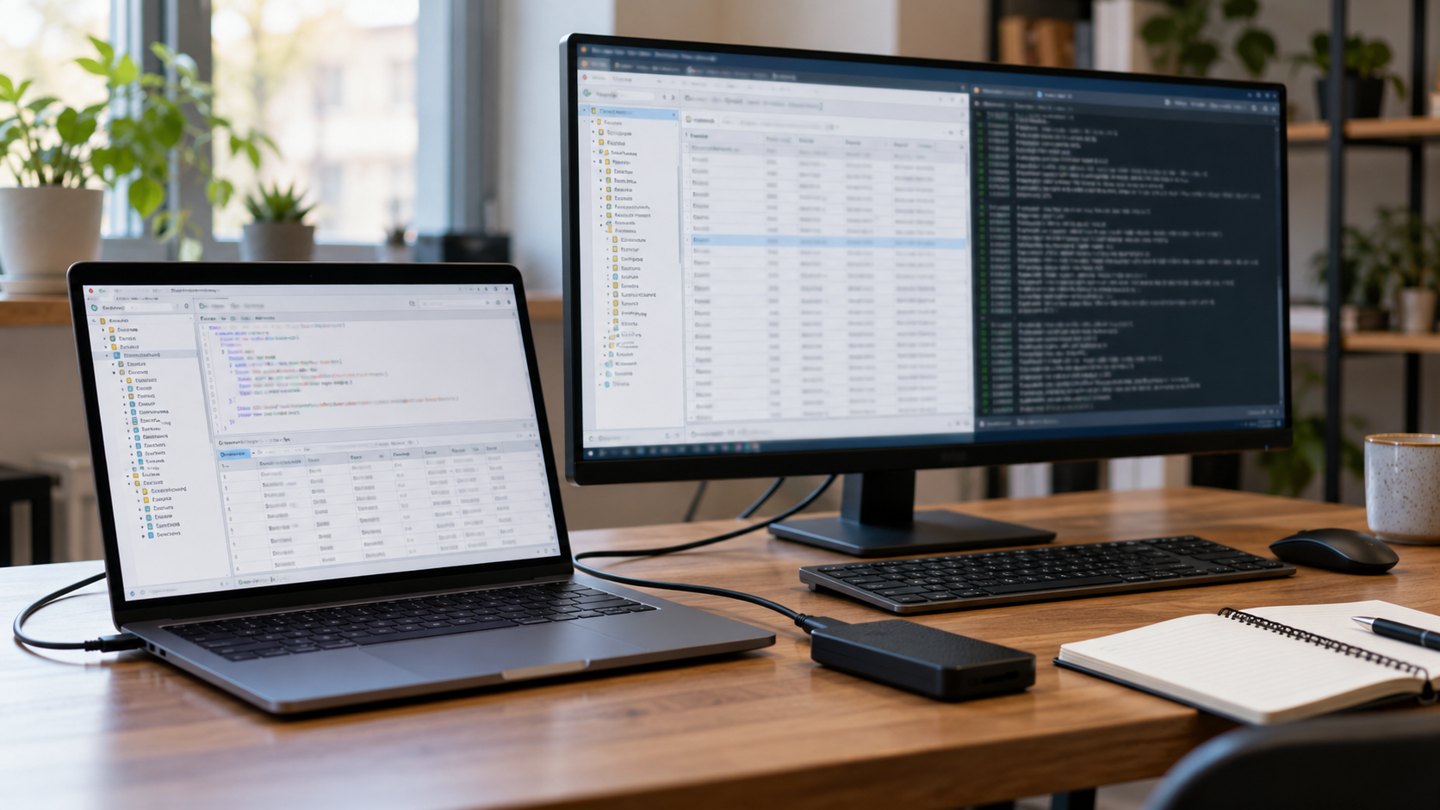 Рабочее место с ноутбуком, монитором и внешним диском для проверки PostgreSQL 19 RC1 на тестовом стенде